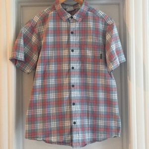 Columbia Short Sleeved Red and Blue Button Down